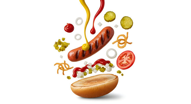 Hot dog with condiments and toppings floating in mid air ready to be assembled