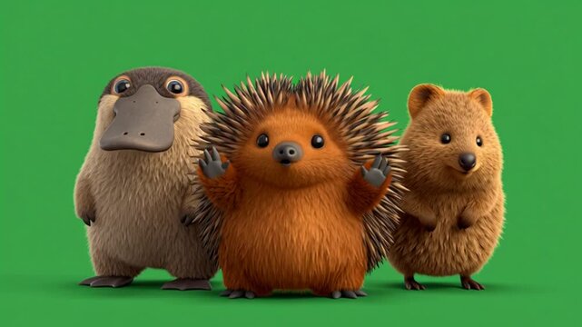 A 3D cartoon featuring a platypus, an echidna, and a quokka standing together in a close-up shot against a green screen background, in 4K resolution.