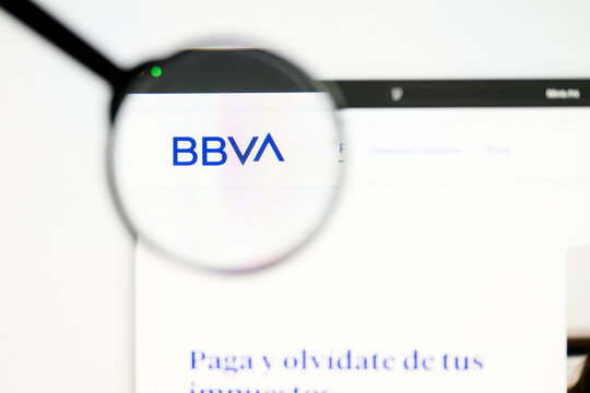 Milan, Italy 2026, 5 Jul Closeup of BBVA Bancomer website page on a laptop screen. Focus on BBVA Bancomer logo under a magnifying glass.