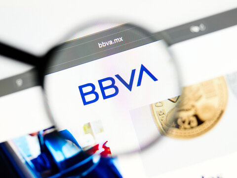 Milan, Italy 2026, 5 Jul Closeup of BBVA Bancomer website page on a laptop screen. Focus on BBVA Bancomer logo under a magnifying glass.