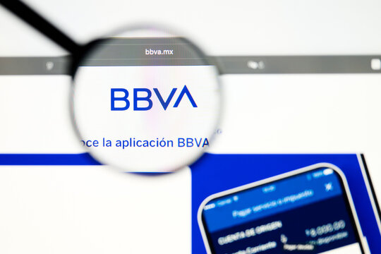 Milan, Italy 2026, 5 Jul Closeup of BBVA Bancomer website page on a laptop screen. Focus on BBVA Bancomer logo under a magnifying glass.