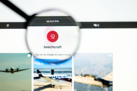 Milan, Italy 2026, 5 Jul Closeup of Beechcraft website page on a laptop screen. Focus on Beechcraft logo under a magnifying glass.