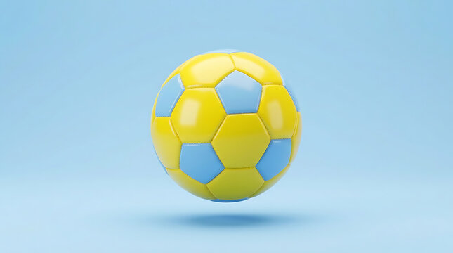 Vibrant yellow and blue soccer ball floating in mid-air on a light blue background with a subtle shadow underneath the ball.