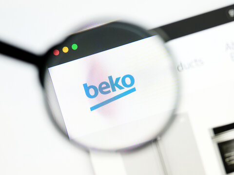 Milan, Italy 2026, 5 Jul Closeup of Beko website page on a laptop screen. Focus on Beko logo under a magnifying glass.