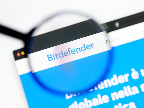 Milan, Italy 2026, 5 Jul Closeup of Bitdefender website page on a laptop screen. Focus on Bitdefender logo under a magnifying glass.