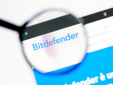 Milan, Italy 2026, 5 Jul Closeup of Bitdefender website page on a laptop screen. Focus on Bitdefender logo under a magnifying glass.