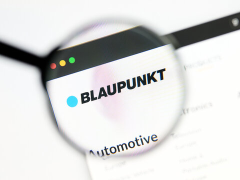 Milan, Italy 2026, 5 Jul Closeup of Blaupunkt website page on a laptop screen. Focus on Blaupunkt logo under a magnifying glass.