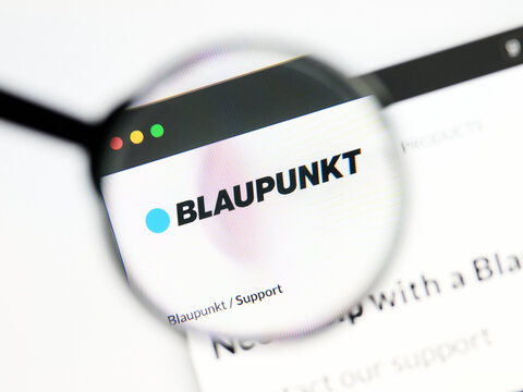 Milan, Italy 2026, 5 Jul Closeup of Blaupunkt website page on a laptop screen. Focus on Blaupunkt logo under a magnifying glass.