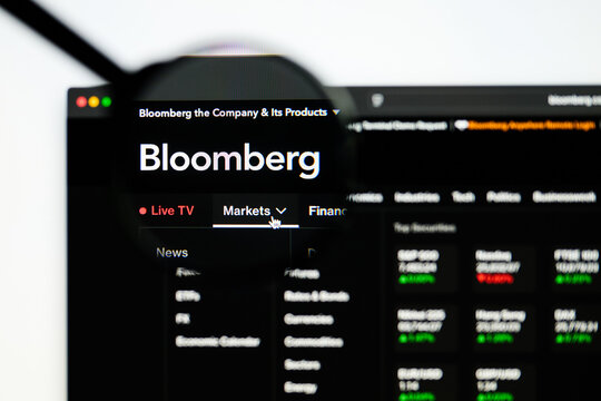 Milan, Italy 2026, 5 Jul Closeup of Bloomberg website page on a laptop screen. Focus on Bloomberg logo under a magnifying glass.