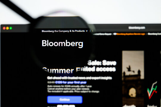 Milan, Italy 2026, 5 Jul Closeup of Bloomberg website page on a laptop screen. Focus on Bloomberg logo under a magnifying glass.