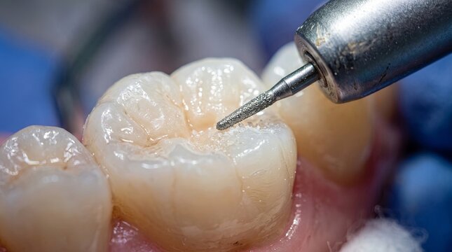 Macro Close Up of Tooth During Dental Treatment with Precision Bur and Detailed Enamel Surface