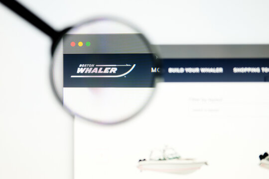 Milan, Italy 2026, 5 Jul Closeup of Boston Whaler website page on a laptop screen. Focus on Boston Whaler logo under a magnifying glass.