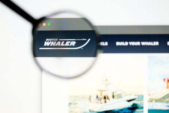Milan, Italy 2026, 5 Jul Closeup of Boston Whaler website page on a laptop screen. Focus on Boston Whaler logo under a magnifying glass.