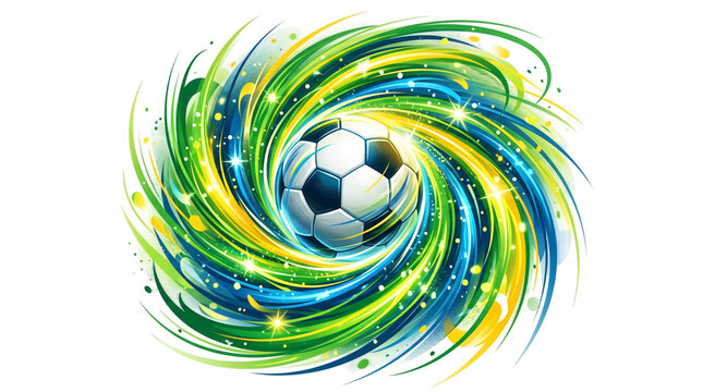 Soccer ball with vibrant swirling green blue and yellow abstract energy lines and sparkles PNG Isolated on transparent background