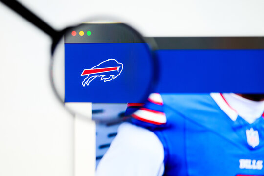 Milan, Italy 2026, 5 Jul Closeup of Buffalo Bills website page on a laptop screen. Focus on Buffalo Bills logo under a magnifying glass.