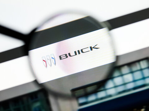 Milan, Italy 2026, 5 Jul Closeup of Buick website page on a laptop screen. Focus on Buick logo under a magnifying glass.