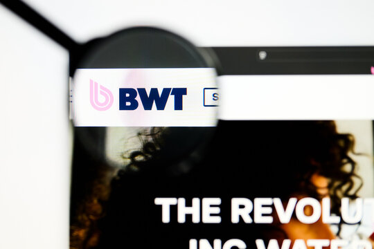 Milan, Italy 2026, 5 Jul Closeup of BWT website page on a laptop screen. Focus on BWT logo under a magnifying glass.