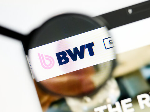 Milan, Italy 2026, 5 Jul Closeup of BWT website page on a laptop screen. Focus on BWT logo under a magnifying glass.