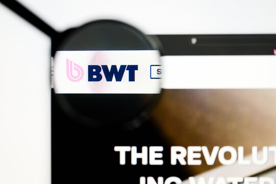 Milan, Italy 2026, 5 Jul Closeup of BWT website page on a laptop screen. Focus on BWT logo under a magnifying glass.