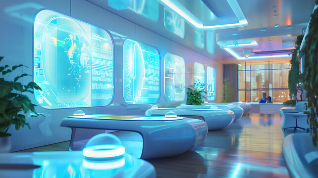 Futuristic Command Center with Holographic World Map Globe and Glowing Interactive Data Tables
