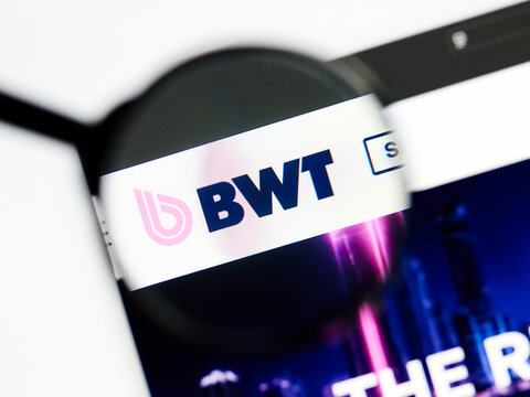 Milan, Italy 2026, 5 Jul Closeup of BWT website page on a laptop screen. Focus on BWT logo under a magnifying glass.