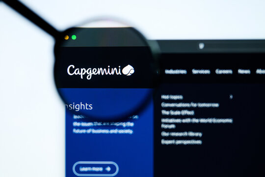 Milan, Italy 2026, 5 Jul Closeup of Capgemini website page on a laptop screen. Focus on Capgemini logo under a magnifying glass.