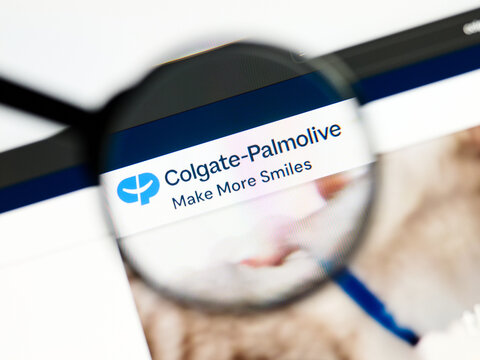 Milan, Italy 2026, 5 Jul Closeup of Colgate-Palmolive website page on a laptop screen. Focus on Colgate-Palmolive logo under a magnifying glass.