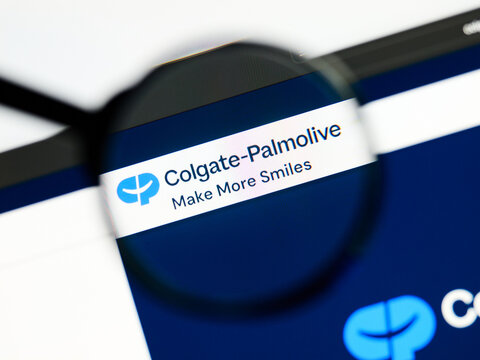 Milan, Italy 2026, 5 Jul Closeup of Colgate-Palmolive website page on a laptop screen. Focus on Colgate-Palmolive logo under a magnifying glass.