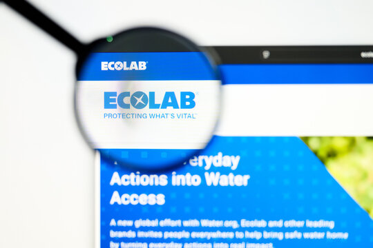 Milan, Italy 2026, 5 Jul Closeup of Ecolab website page on a laptop screen. Focus on Ecolab logo under a magnifying glass.