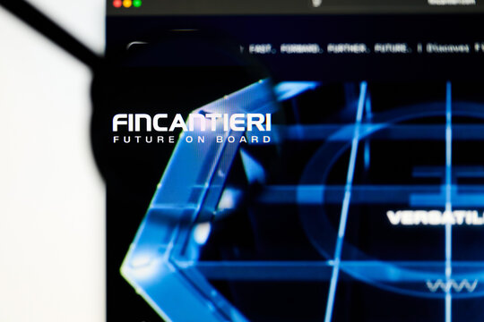 Milan, Italy 2026, 5 Jul Closeup of Fincantieri website page on a laptop screen. Focus on Fincantieri logo under a magnifying glass.