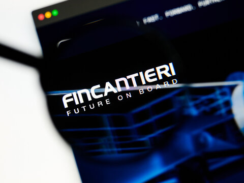Milan, Italy 2026, 5 Jul Closeup of Fincantieri website page on a laptop screen. Focus on Fincantieri logo under a magnifying glass.