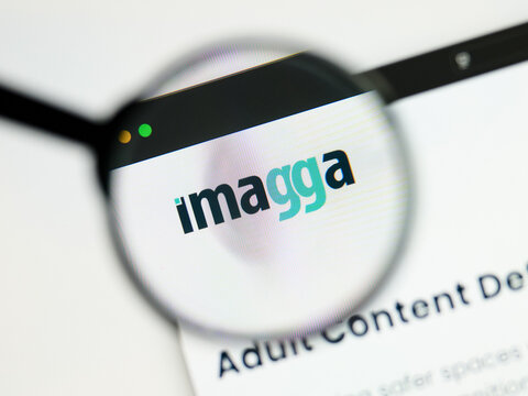 Milan, Italy 2026, 5 Jul Closeup of Imagga website page on a laptop screen. Focus on Imagga logo under a magnifying glass.
