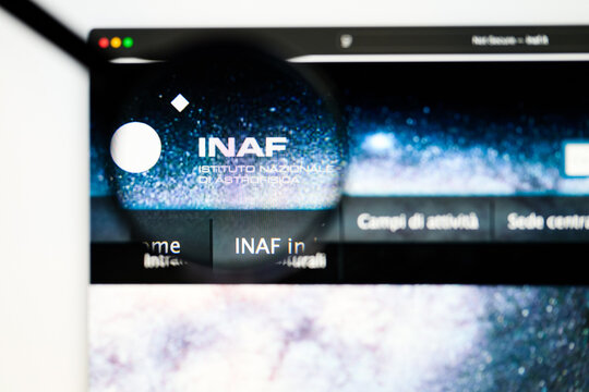 Milan, Italy 2026, 5 Jul Closeup of INAF website page on a laptop screen. Focus on INAF logo under a magnifying glass.