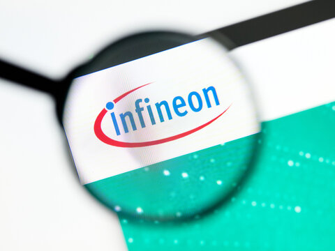 Milan, Italy 2026, 5 Jul Closeup of Infineon Technologies website page on a laptop screen. Focus on Infineon Technologies logo under a magnifying glass.