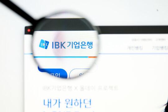 Milan, Italy 2026, 5 Jul Closeup of Industrial Bank of Korea IBK website page on a laptop screen. Focus on Industrial Bank of Korea IBK logo under a magnifying glass.