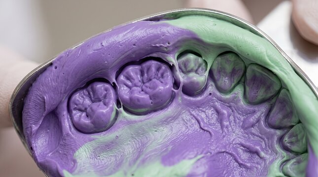 dental impression material polyvinyl siloxane capturing fine tooth surface detail macro clinical procedure close up