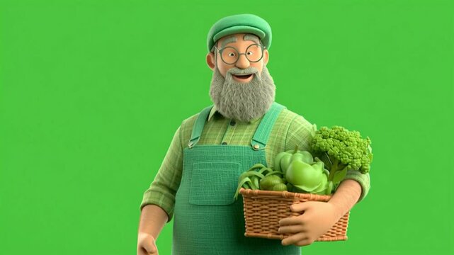 A vegetable farmer wearing glasses and a hat stands holding a rectangular vegetable container, gesturing with their hands and speaking to the camera; 3D model with a green background.