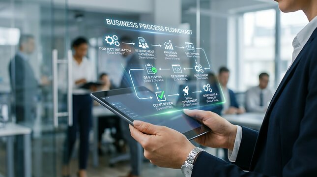 Professional holding tablet projecting holographic business process flowchart with gears and checkmark icons representing efficient workflow management