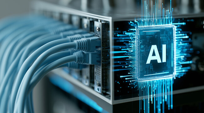 Futuristic AI Microchip Glowing on Network Server Hardware with Connected Ethernet Cables.