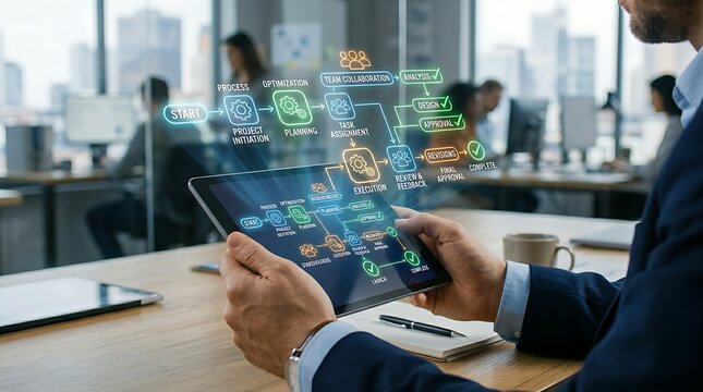 Professional holding tablet projecting holographic business process flowchart with gears and checkmark icons representing efficient workflow management