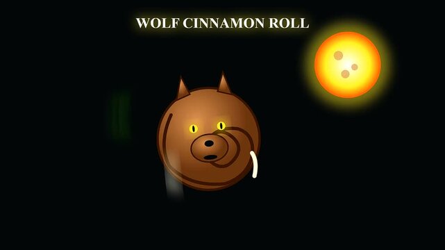 Animated brown wolf shaped pastry rolls rotating against a dark night sky for festive halloween vegan treats showcasing whimsical creature movement and glowing orbital light