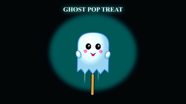 Three cute floating ghost pop treats appearing in a sequence as spooky vegan treats for a festive halloween celebration with glowing ethereal light and shadows