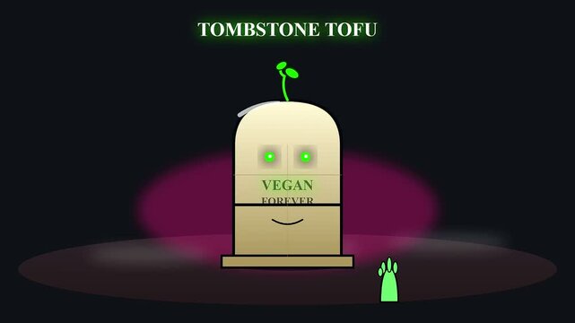 Minimalist graphic sequence showing a sprouting tombstone tofu vegan treats figure during a festive halloween celebration featuring glowing light elements and a dark aesthetic atmosphere