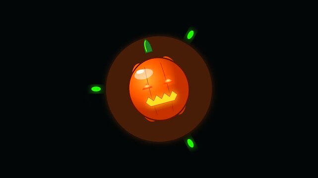 Animated glowing orange jack o lantern rotating through dark void space offering spooky vegan treats and playful halloween vibes for a festive fall seasonal motion graphic