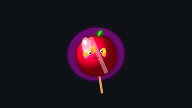 A glossy red candied apple with a cartoon face appears as vibrant halloween vegan treats in this animated sequence set against a stark dark void