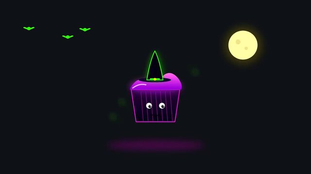 Animated purple cupcake characters wearing witch hats float across a dark sky featuring glowing full moons and tiny green bats as whimsical vegan treats halloween