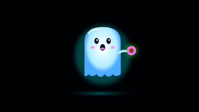 Animated cute little ghost hovering in darkness holding tiny vegan treats for halloween festivities while glowing brightly in a playful sequence of three distinct character frames