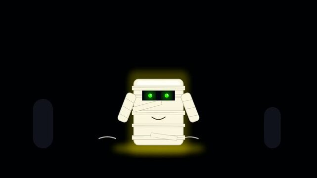 Three cute mummy characters dancing on dark ground during a spooky halloween event featuring diverse vegan treats and glowing yellow light effects in a fun atmosphere