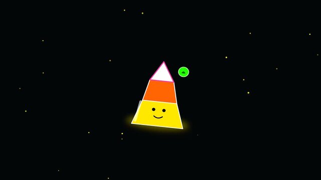 Animated candy corn characters float through dark starry space as cute vegan treats during a playful holiday adventure showcasing festive halloween spirit and whimsical outer cosmic motion