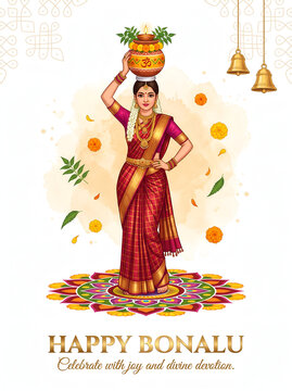 Happy Bonalu Festival Woman Holding Traditional Bonam Celebration
